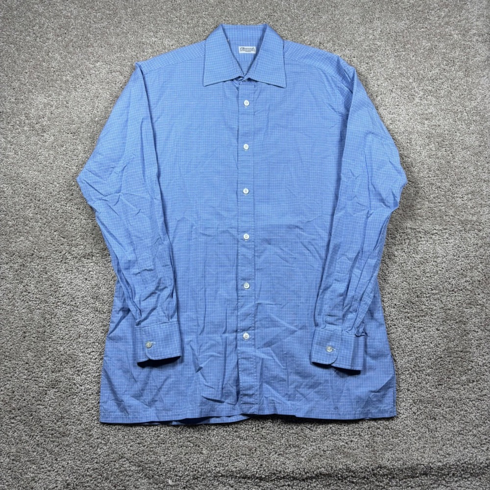 Charvet Paris Mens Blue Micro Check Cotton Linen Button Down Shirt Size 16 L